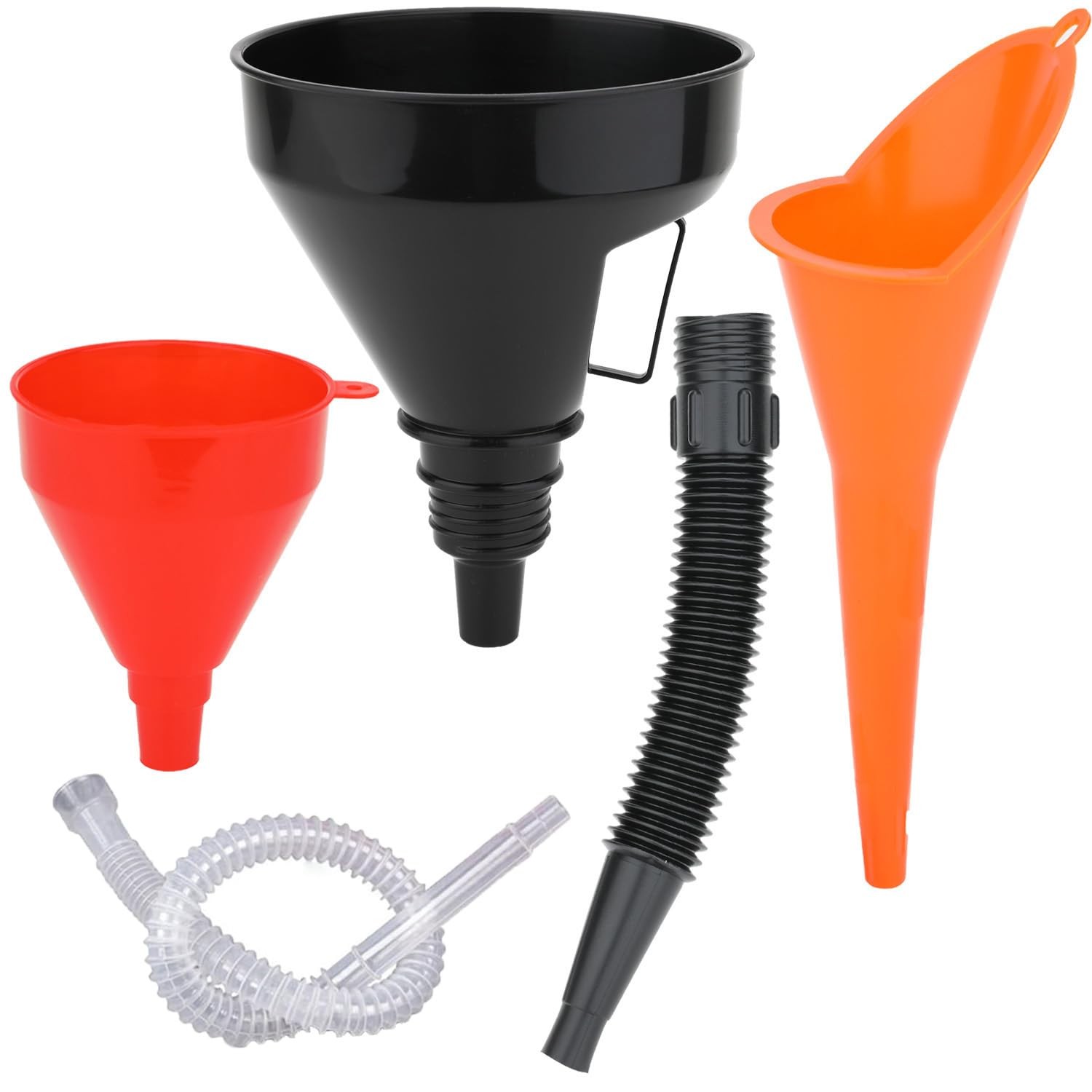 3 Pack Automotive Oil Funnel Set, Wide Mouth Fuel Funnels Black, Orange, Red