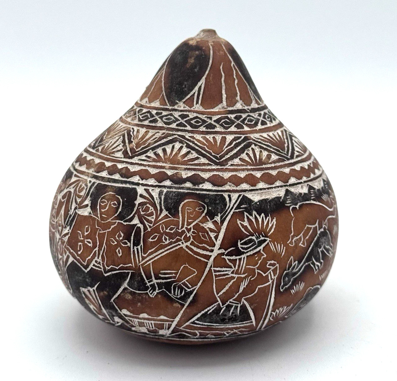 Vintage Peruvian Folk Art Intricate Hand Carved Pictorial Story Gourd Peru 4”