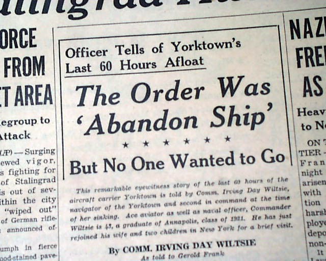 USS YORKTOWN Aircraft Carrier Battle of Midway SINKING 1942 WWII Old Newspaper