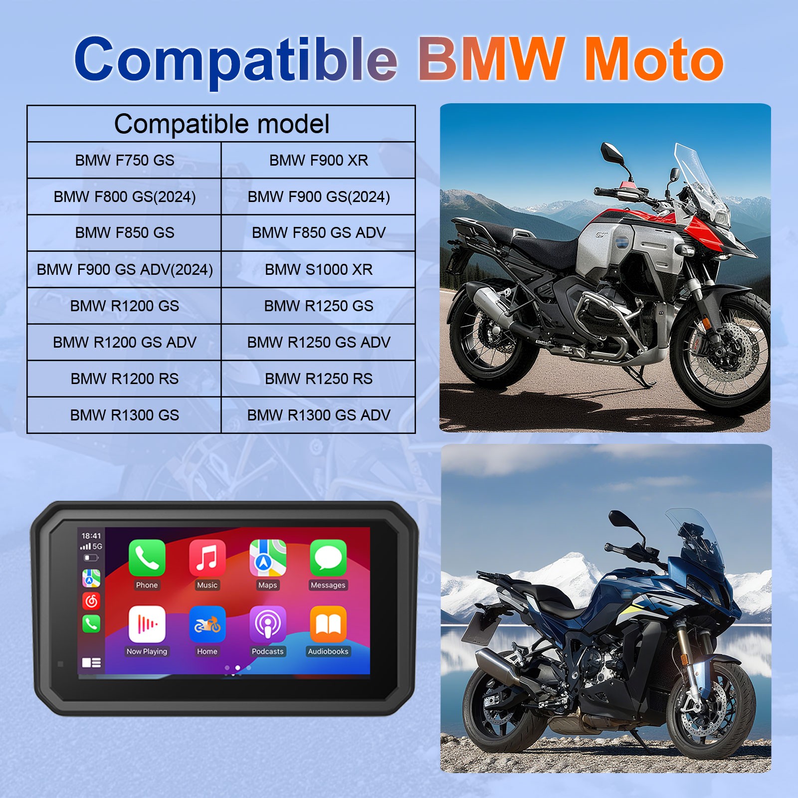 6 Inch Motorcycle Carplay / Android Auto 16-Pin for BMW R1200GS R1250GS S1000XR