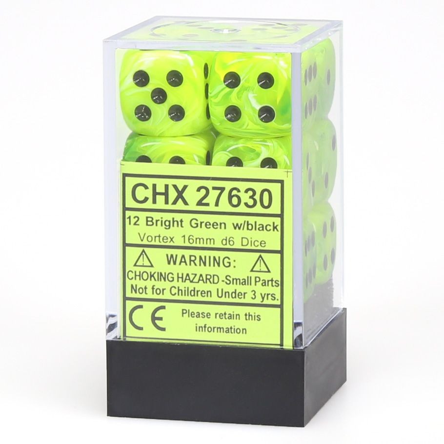 Chessex Vortex Bright Green Black 16Mm D6 Dice Set 12