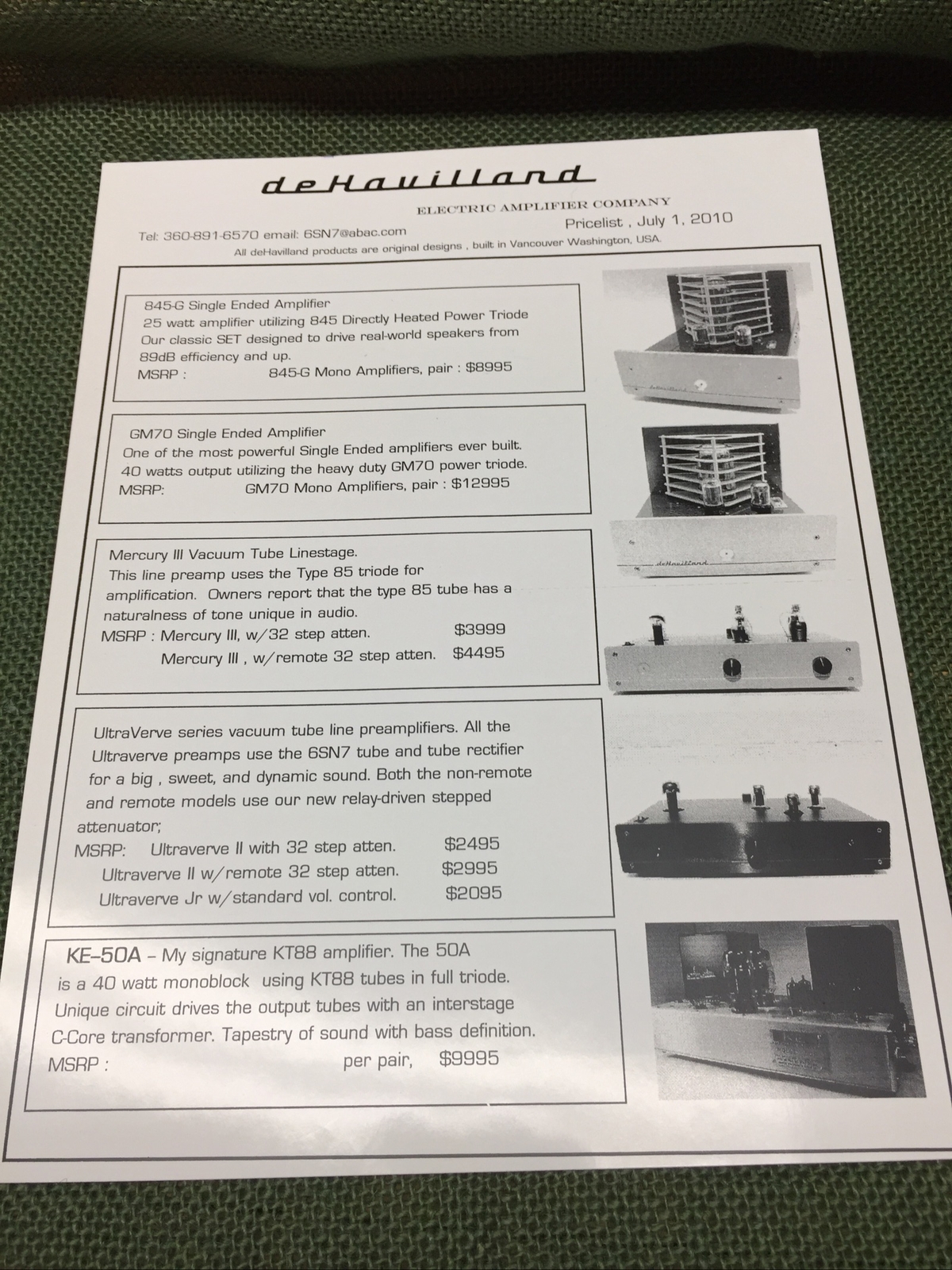 deHavilland Electric Amplifier Company Price list July 1, 2010