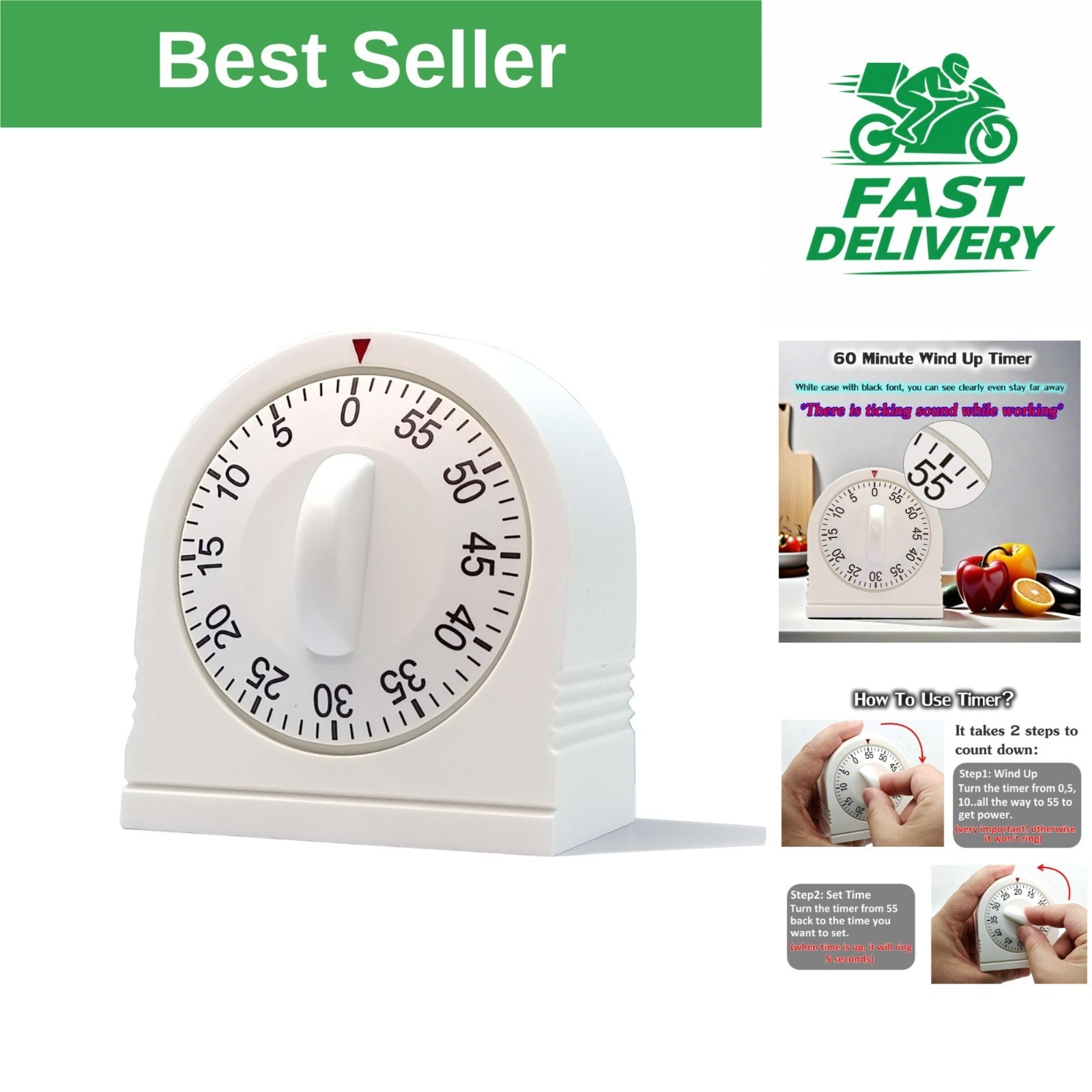 NUOSWEK 60 Minute Mechanical Timer with Loud Alarm - Kitchen & Classroom Use