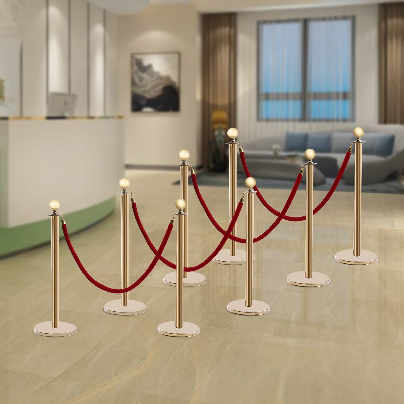 8 PCS Crowd Control Stanchion Gold Posts Set with Red Velvet Rope Queue Barrier