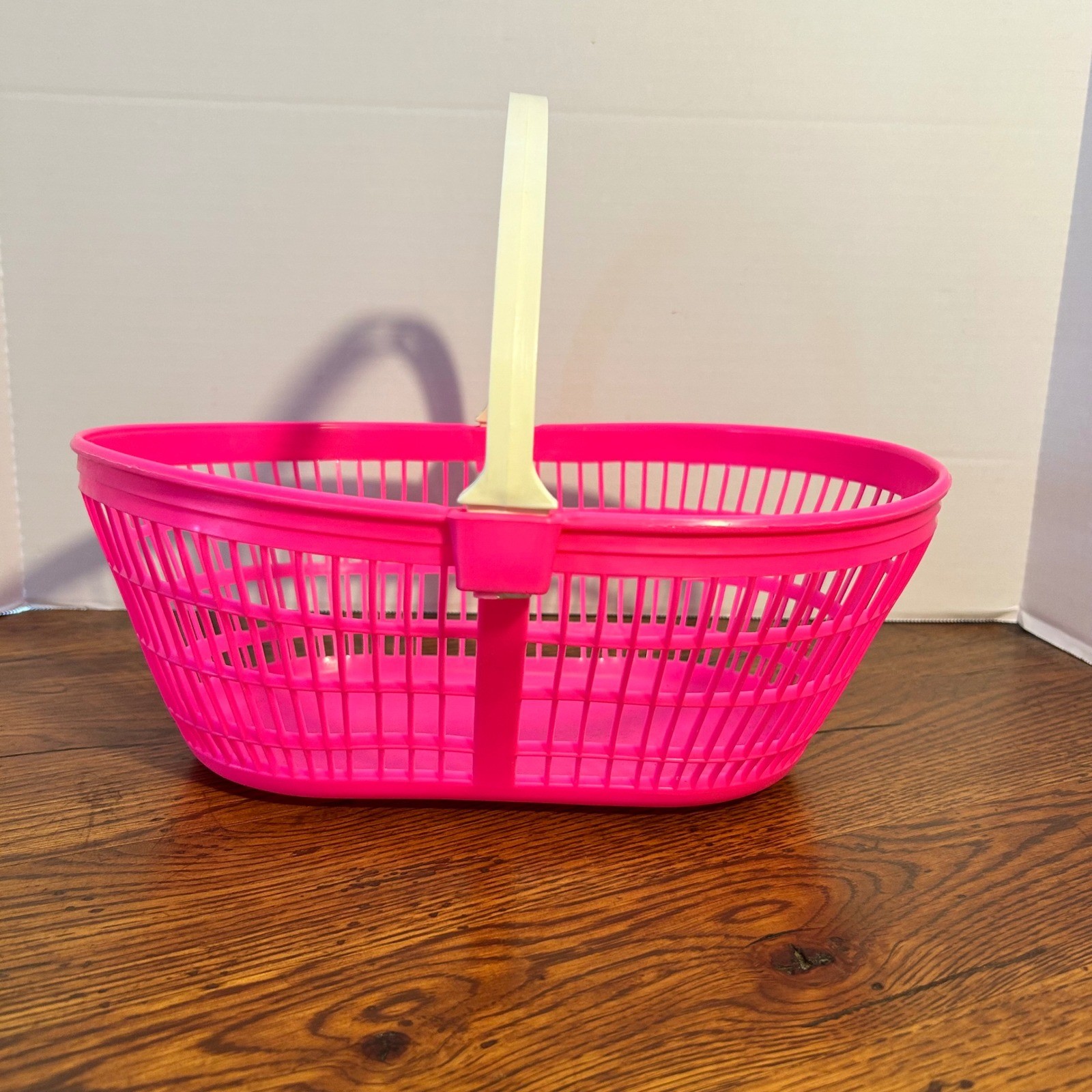 Vintage Neon Hot Pink Plastic Easter Basket with Cream Handle 12.5 Inch