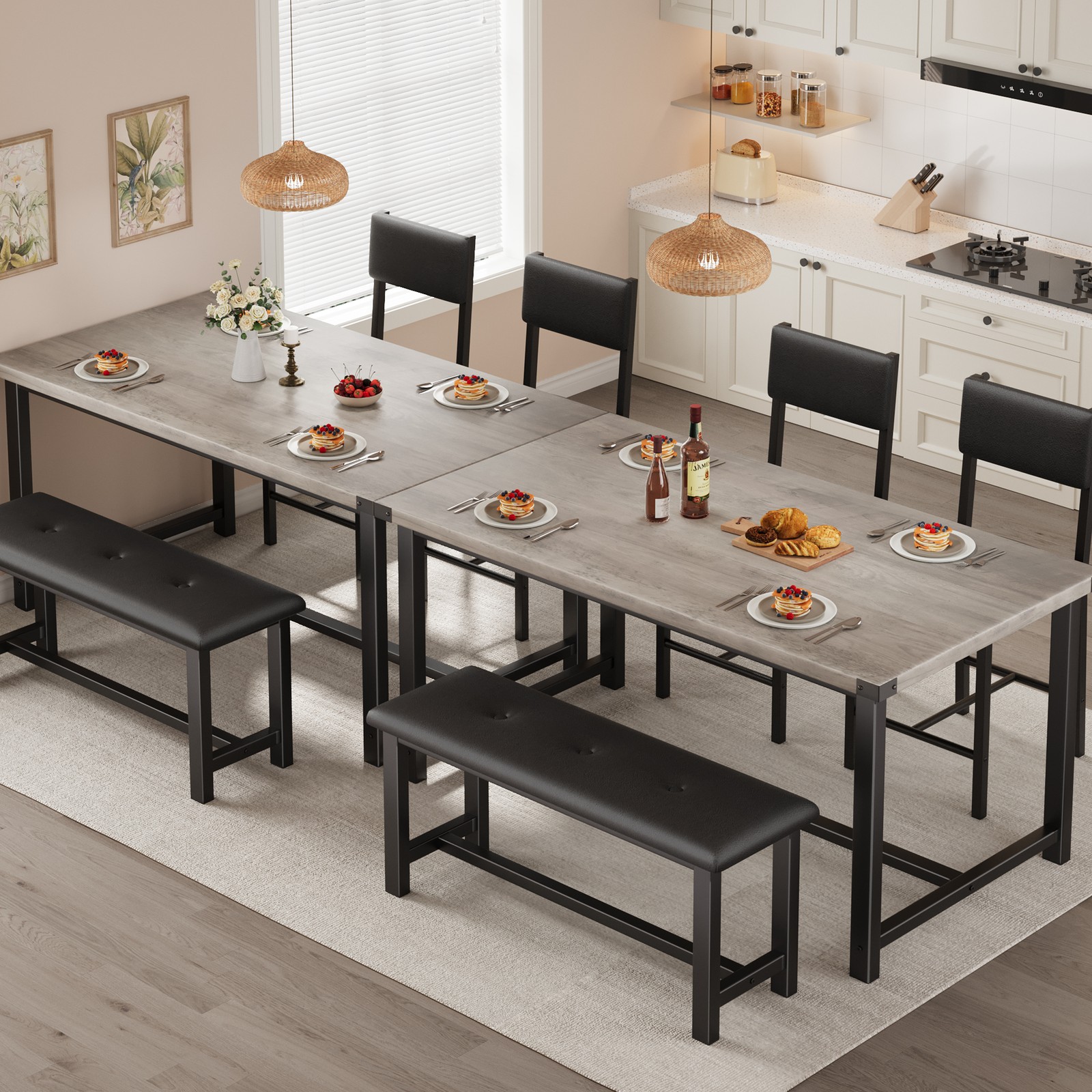 Modern Space-Saving Dining Table Set for 4, Upholstered Bench & 2 Padded Chairs