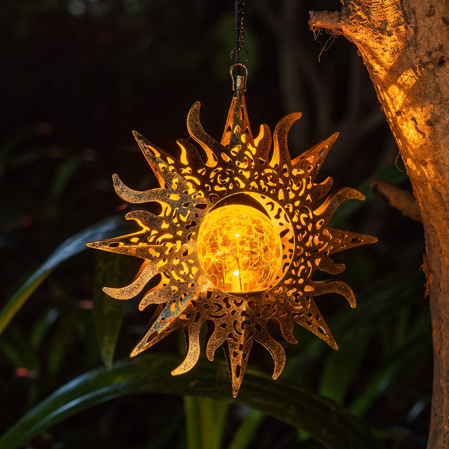 Solar Lights Outdoor Garden Decor Hanging Lanterns Decoration Metal Sunflower...