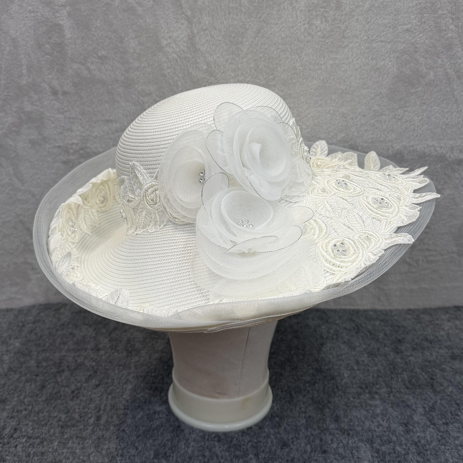 VTG Ms Divine Hat Sun Womens White Lace Embroidered Beaded Derby Wedding Church