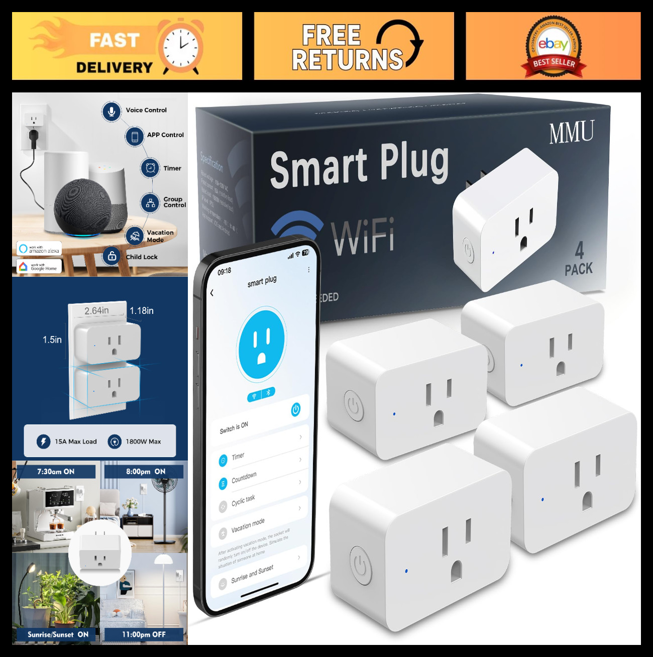 4 Pack WiFi Smart Plug, Compatible with Alexa & Google Home, Timer Socket