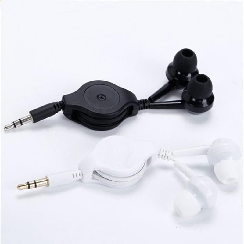 ThtRht 2 Pack Retractable Earbuds Wired Earphone Portable 80cm, black white