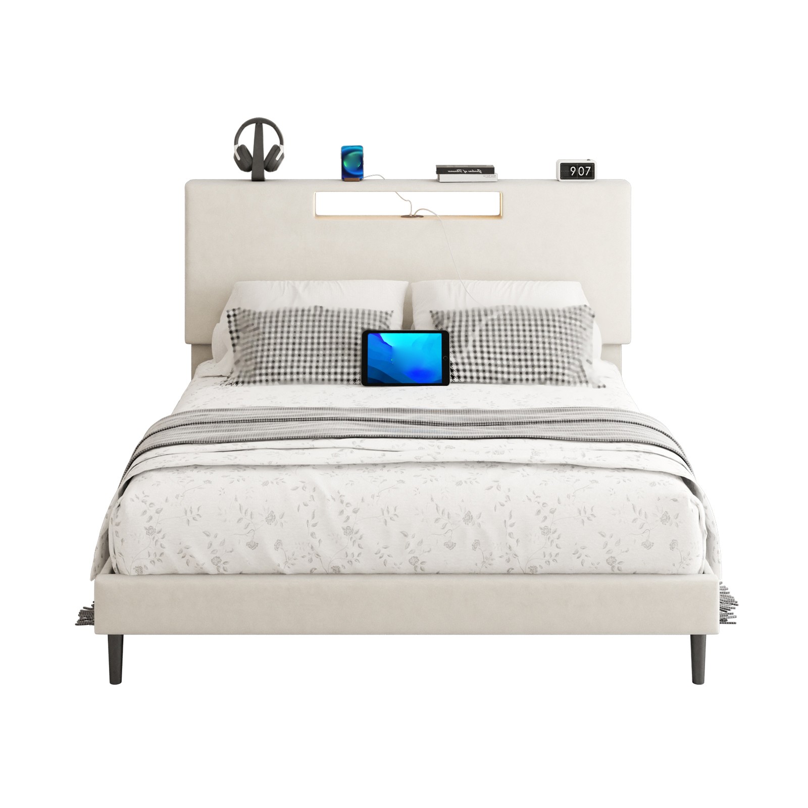 Full Size LED Upholstered Bed Frame Easy 40Minutes Assembly Complete HardwareKit