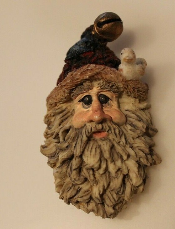 Vintage Folk Art Style Santa Claus Lapel Pin w/ a Bird on Rim of His Hat 2 1/4"