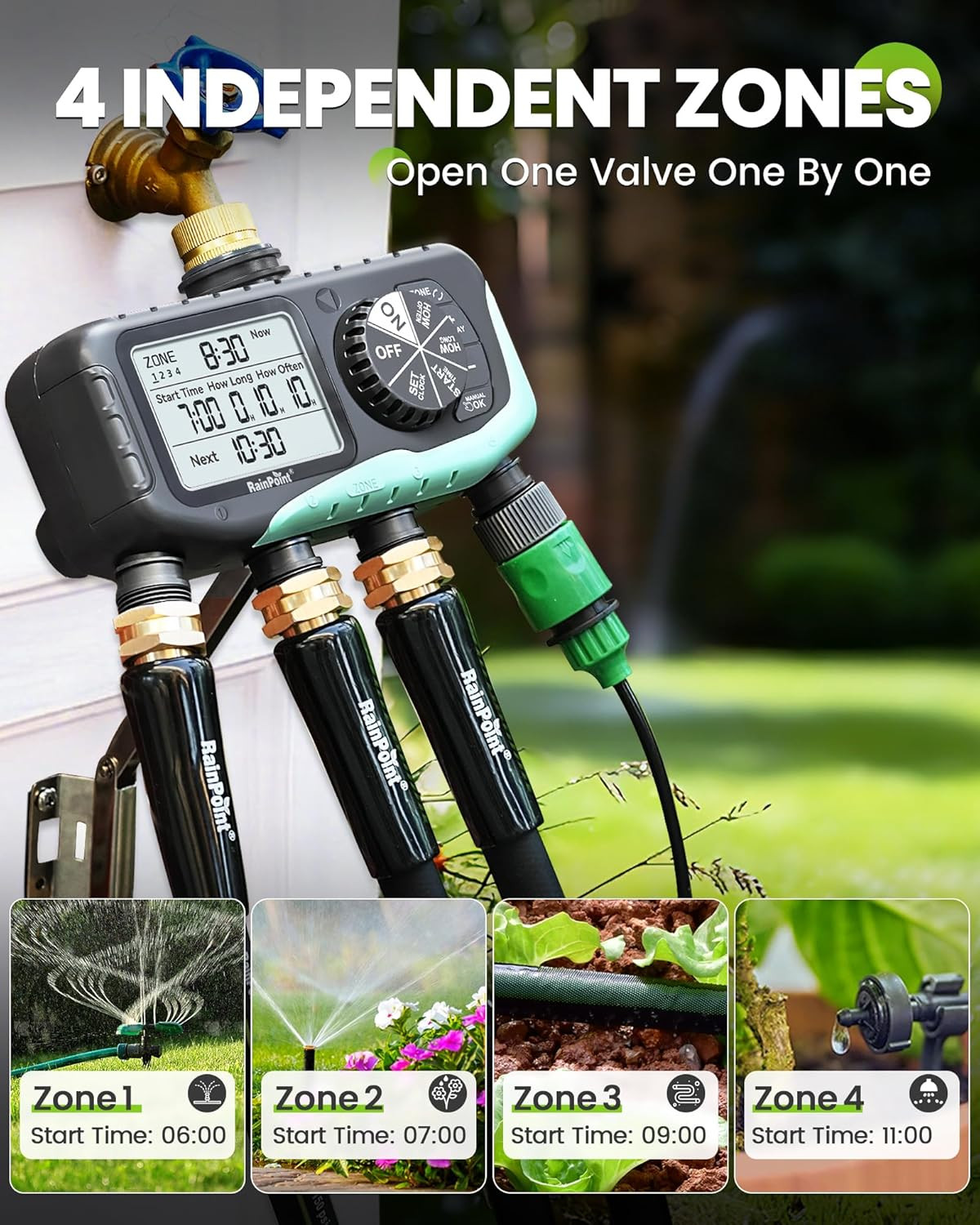 RAINPOINT Sprinkler Timer 4 Zone, Water Timer for Garden Hose, for Soaker Hose w