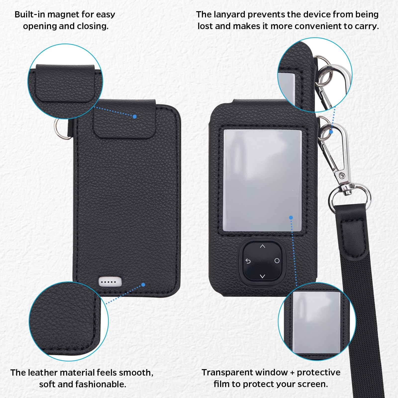 Dexcom G7 Receiver Leather Case with Lanyard and 2PCS Screen Protector Black