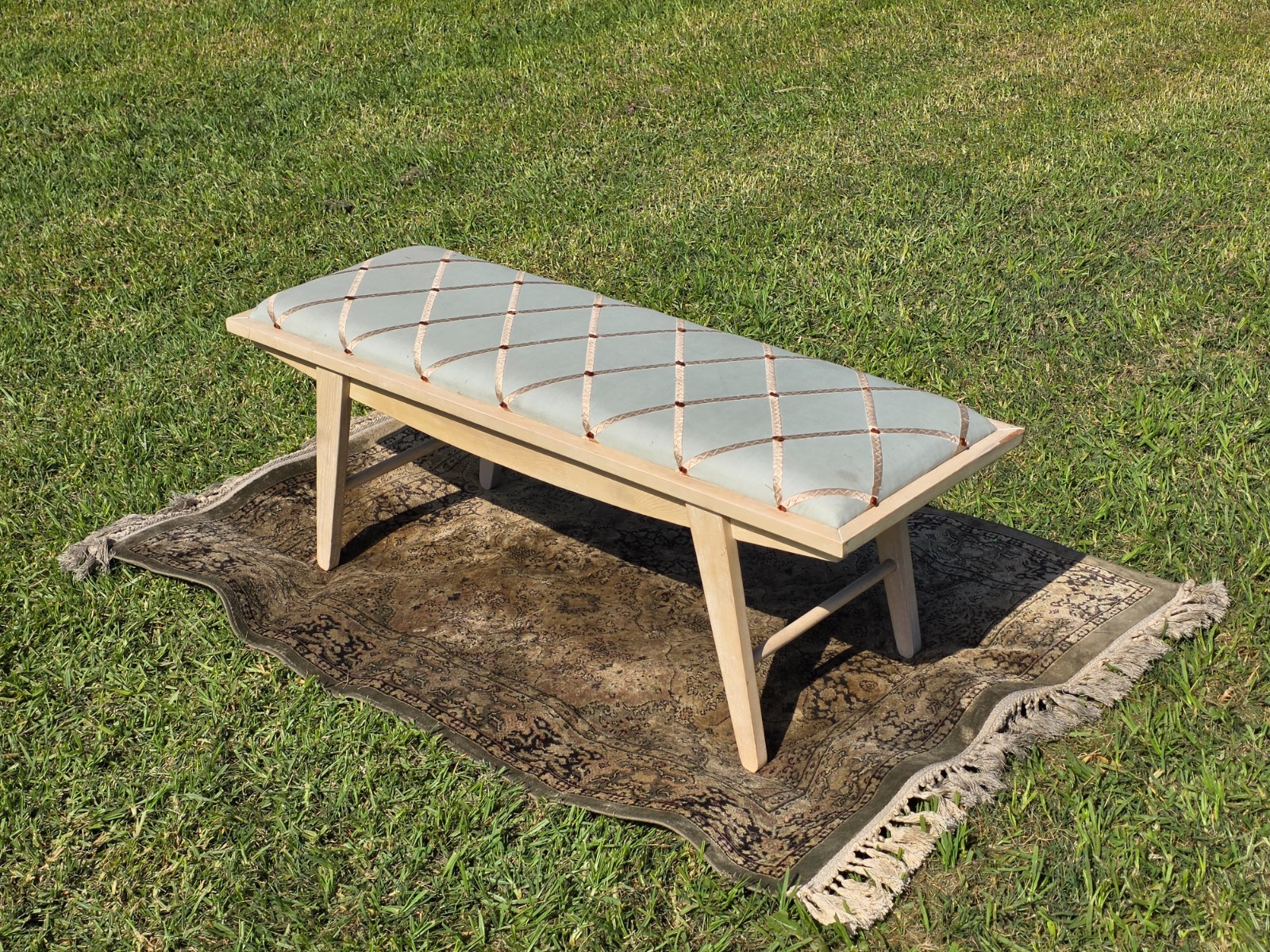 West Elm Crescent Bench Pale Blue Seat Gold Lattice Red Thread Rosette Tufts