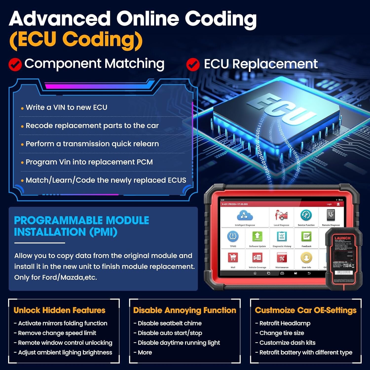 LAUNCH X431 PRO3S+ V5.0 Elite V+5.0 Bidirectional Diagnostic Scanner Key Coding