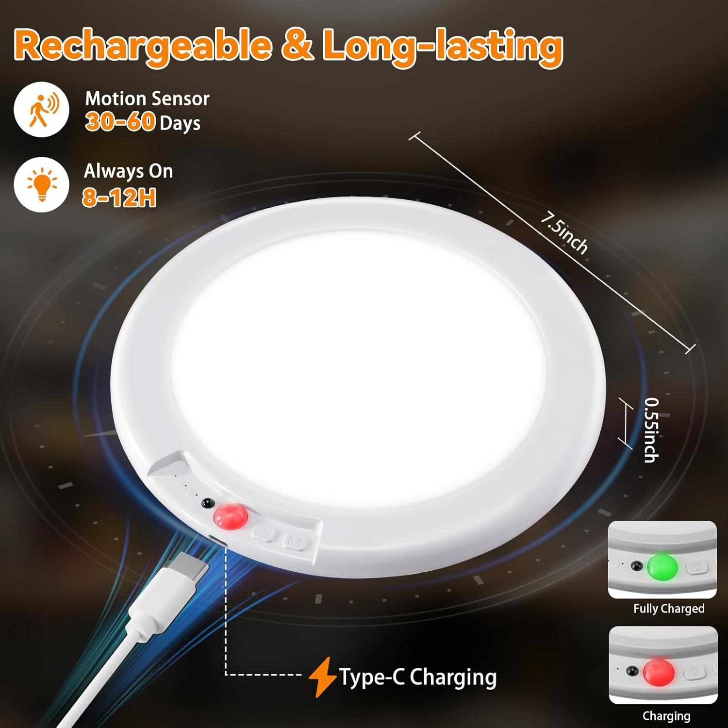 Rechargeable Ceiling Light 2Pack, 3 Color Magnetic Motion Sensor Lights with Rem