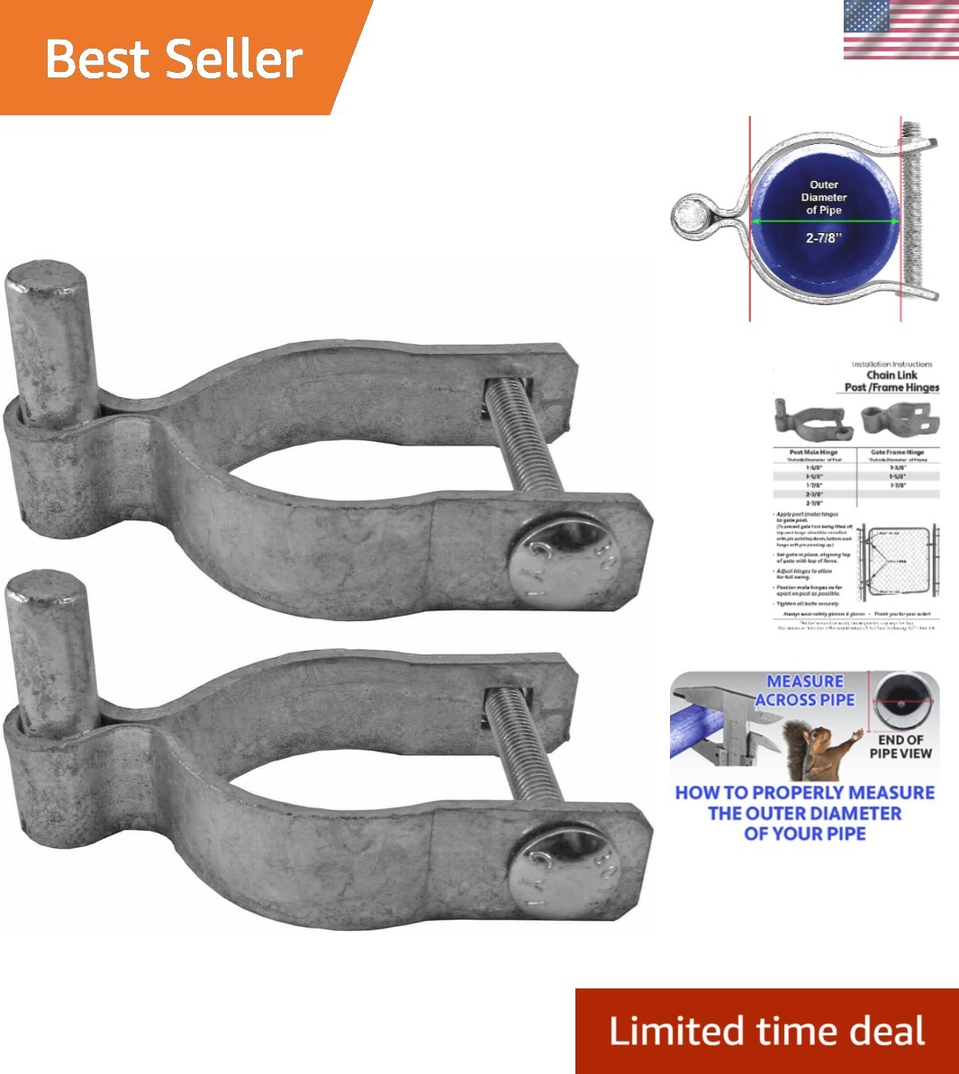2-7/8" Chain Link Fence Gate Post Hinge - Use for 2-7/8" Outside Diameter Pos...