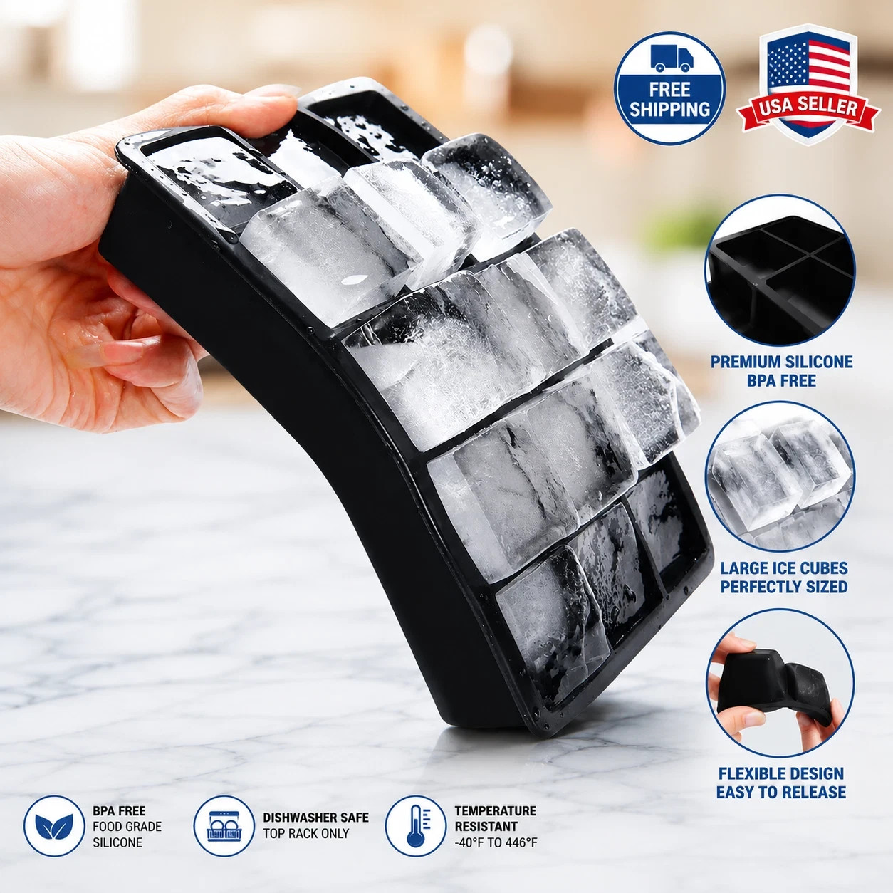 Silicone Big Ice Cubed Maker Large Cube Square Tray Molds Whiskey Ball Cocktails