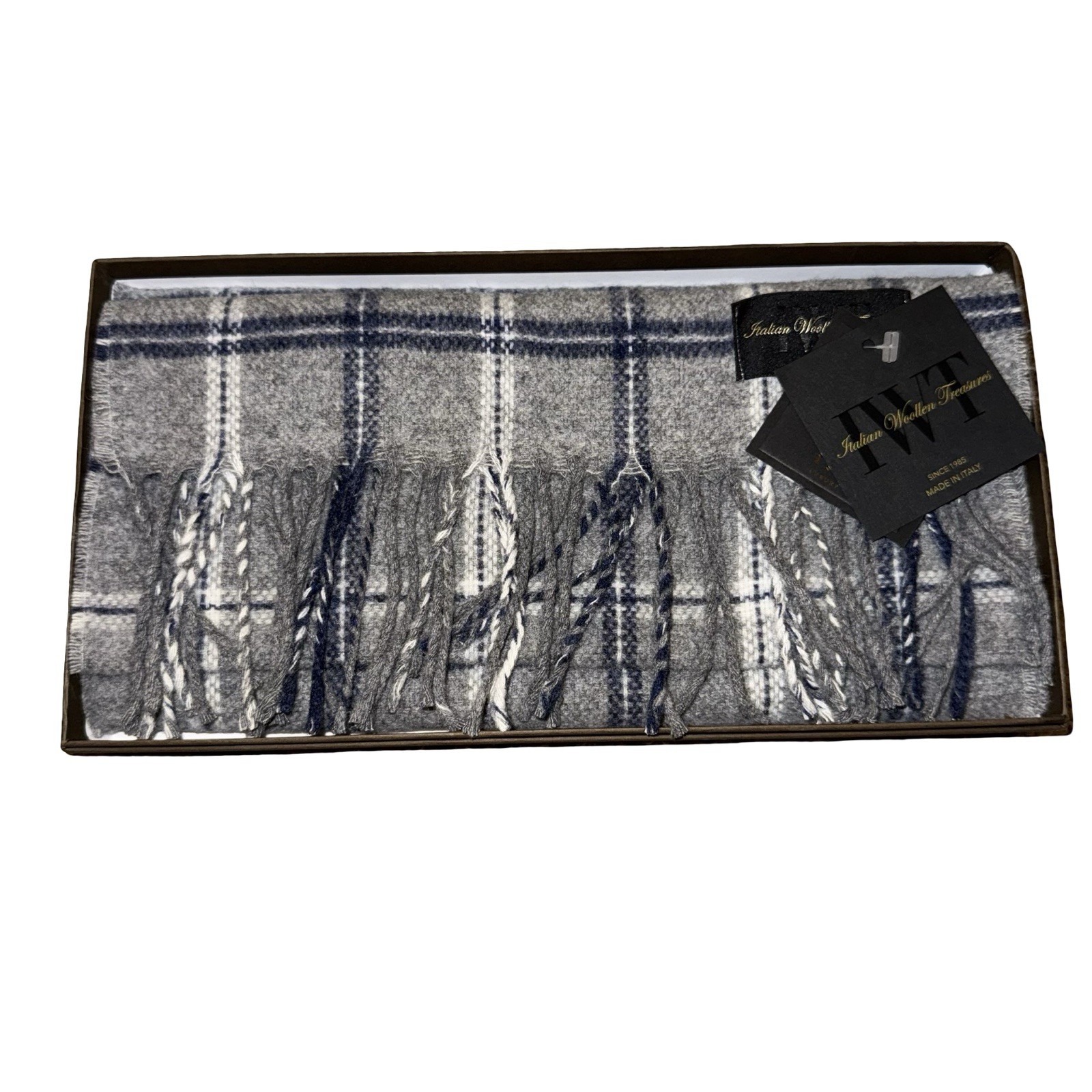 NWT Linea Emmeti MT Cashmere+Wool Gray Plaid Stripe w/Fringe Made Italy Gift Box