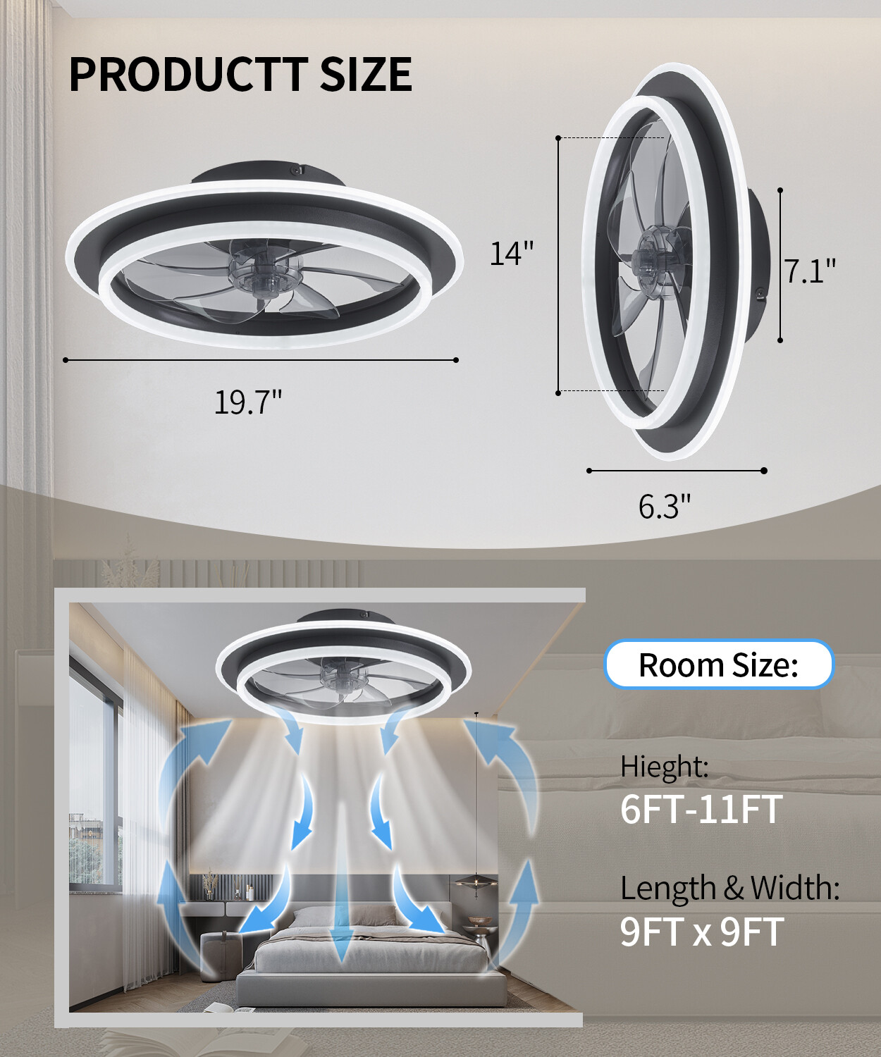 20" Modern LED Ceiling Fan Lights Flush Mount Light kit With APP Remote Control