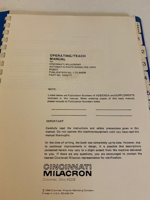 Cincinnati Milacron Operating Tech Manuals for APH Robot