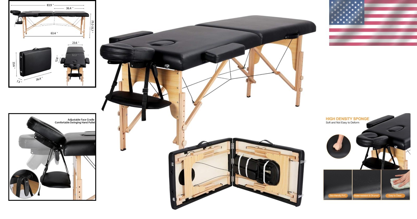 Luxury Black Folding Massage Couch - Adjustable Spa Bed with Headrest & Armrests