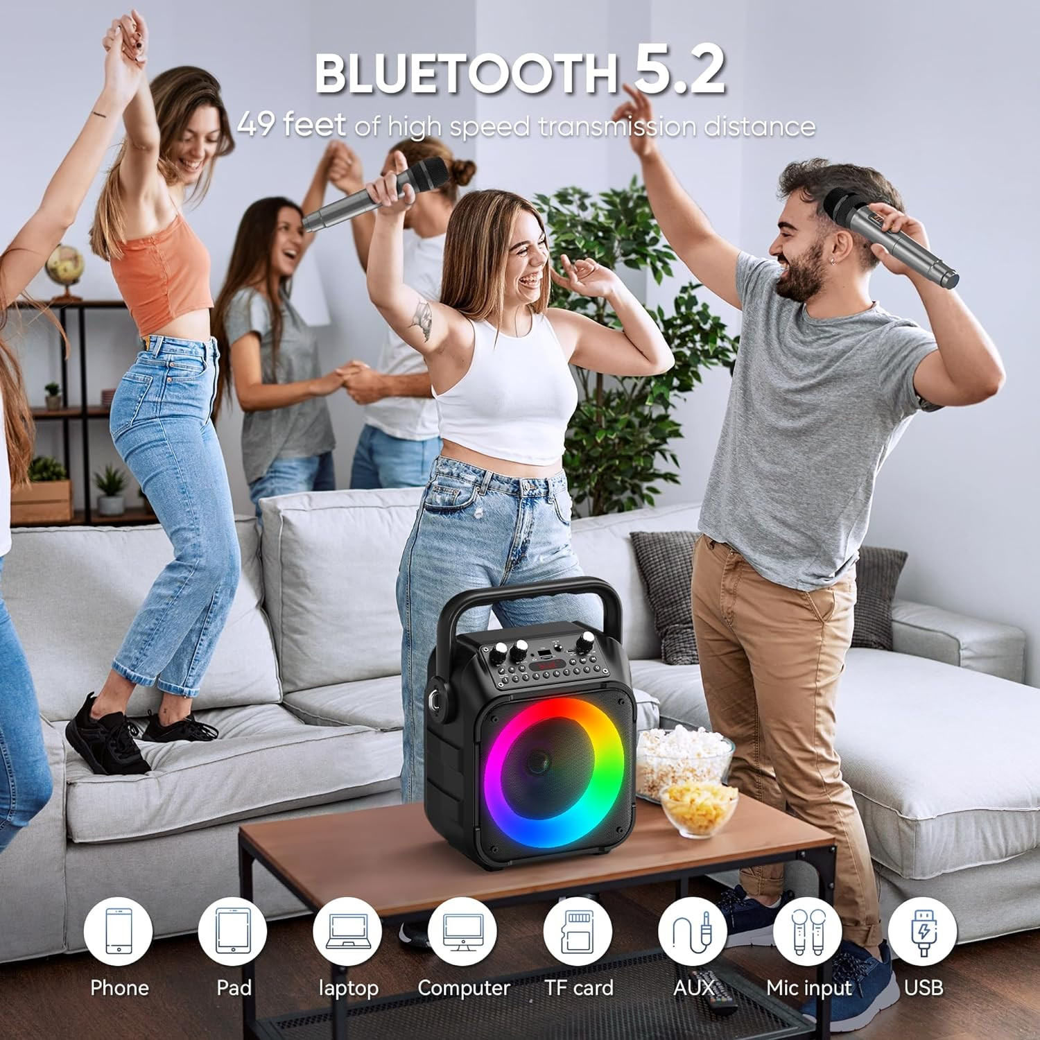Karaoke Machine, Portable Bluetooth Speaker with 2 Wireless Microphones for Adul