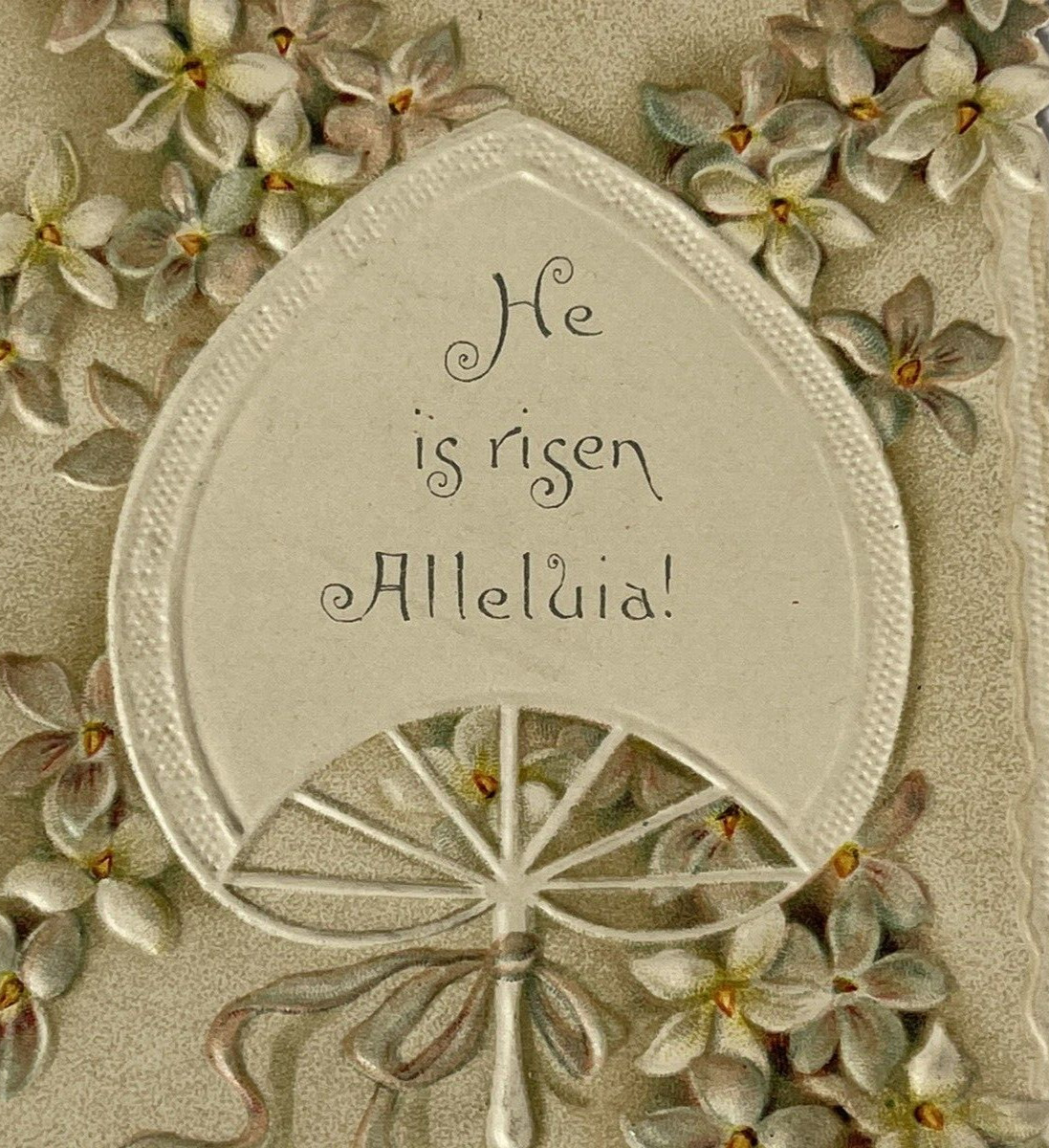 He is risen Alleluia! Die Cut Embossed Paper Religious Card 4x3 Vintage