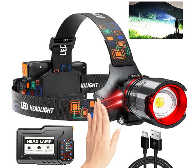 Lámpara frontal recargable 4000LM, LED ultrabrillante IPX7 con sensor y zoom