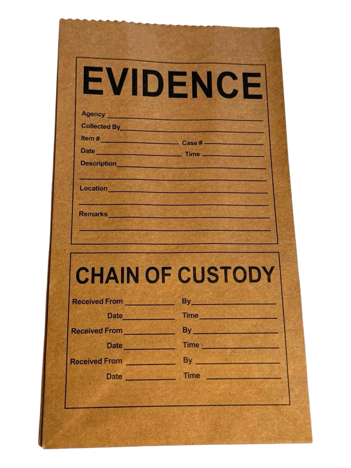 Paper Evidence Bags w/ Custody Chain - Pack of 25 (9" x 5" Lunch Sack Sz) Brown