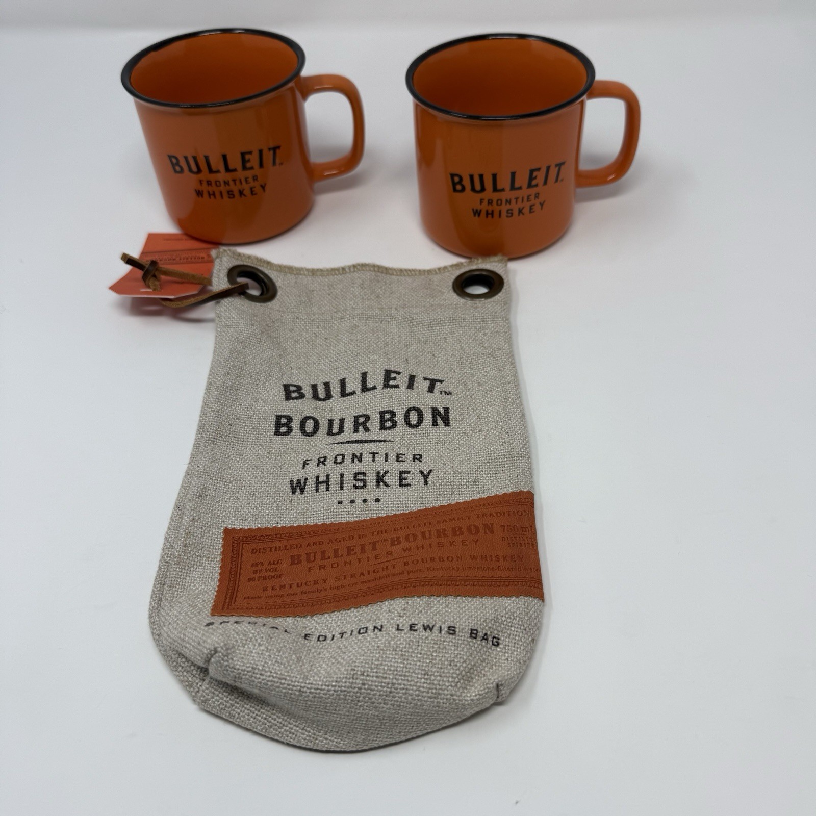Bulleit Frontier Whiskey special Edition Lewis Bag Magnet Closure w/2 Metal Mugs
