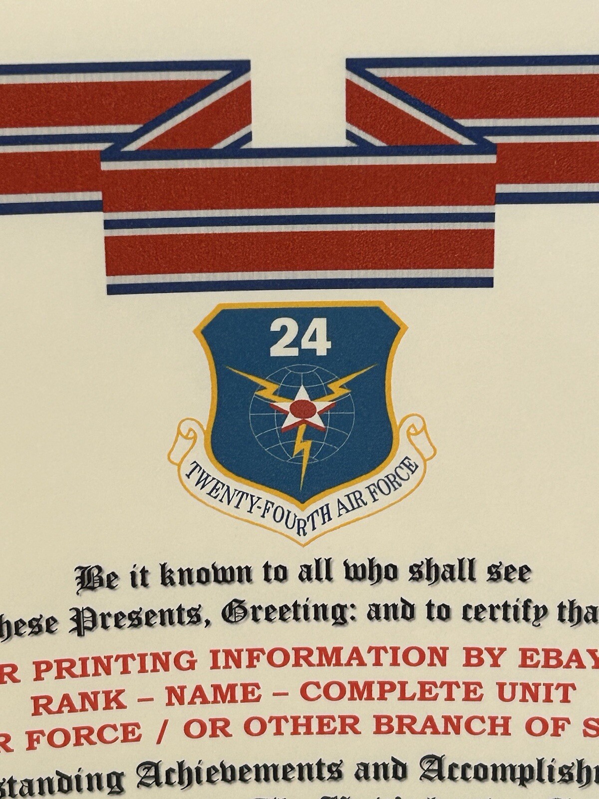 U.S. AIR FORCE / 24TH AIR FORCE - ORGANIZATIONAL EXCELLENCE AWARD CERTIFICATE