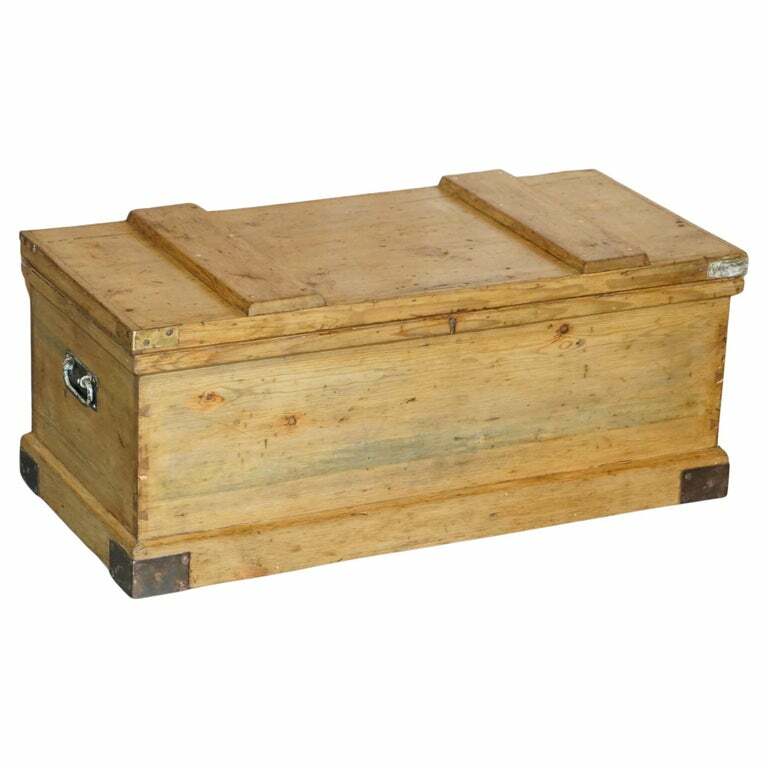 ANTIQUE VICTORIAN PINE MILITARY CAMPAIGN BLANKET BOX CHEST TRUNK COFFEE TABLE