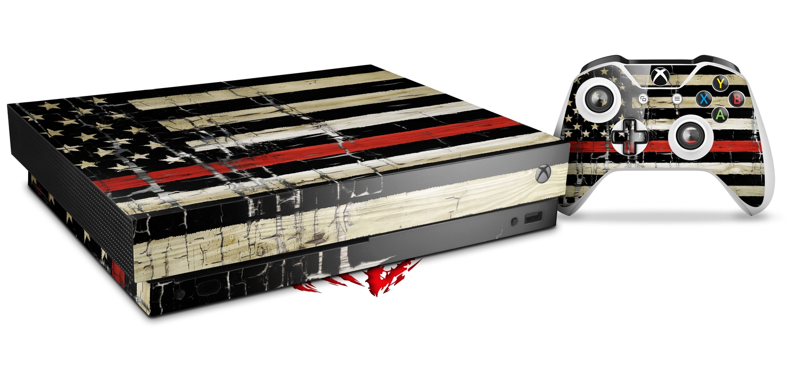 Skin Set for XBOX One X Painted Faded Cracked Red Line USA American Flag