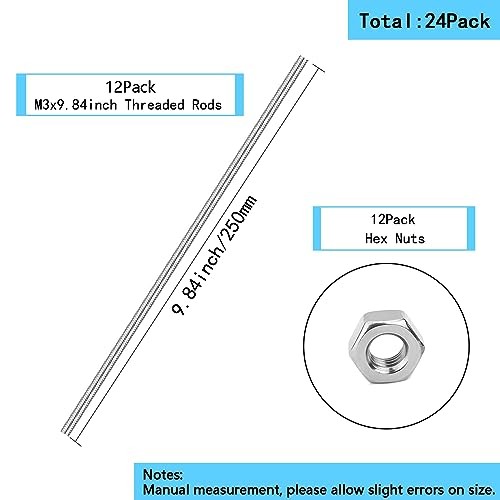 24Pack M3×250mm Length Threaded Rods with Hex Nuts,12Pcs M3×250mm 304