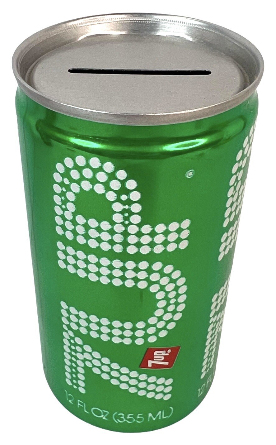 Vintage 7 Up Soda Can Coin Bank Green White Aluminum 12 Oz Slot Top Preowned