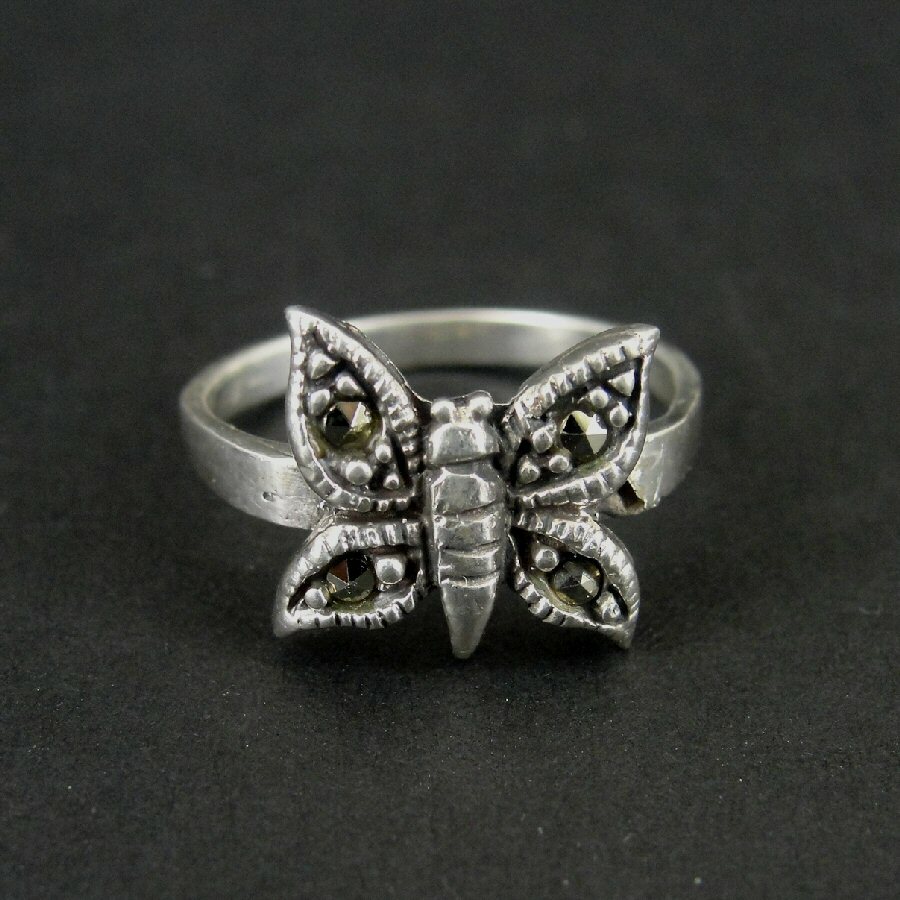 Ring Silver Butterfly with Marcasite Stones Sterling 925 Band Size 5 3/4 Ring