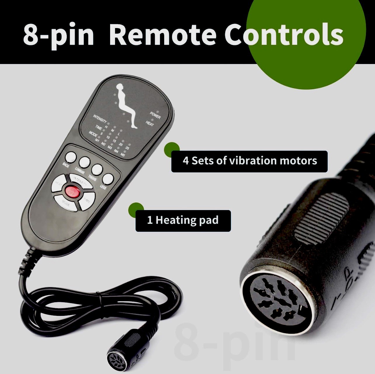 Recliner Massage Chair Remote Hand Control 8 Pin 9 Button Heat Vibrate
