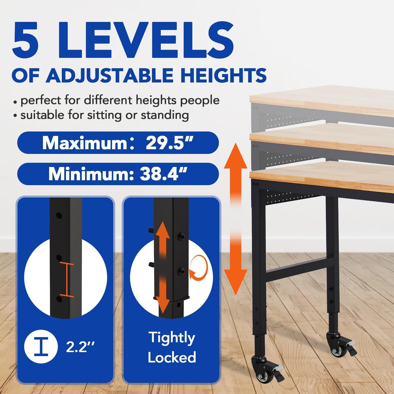 72" Adjustable Workbench 2000LBS Load Heavy Duty Garage Worktable w/Power Outlet