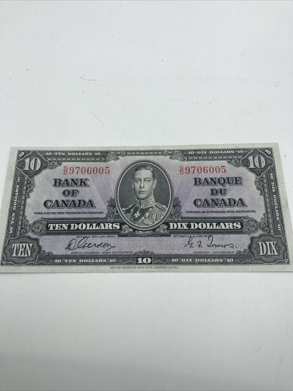 1937 Bank of Canada Ten Dollar Bill.$10 Bank Note. Good Cond. Cpx.