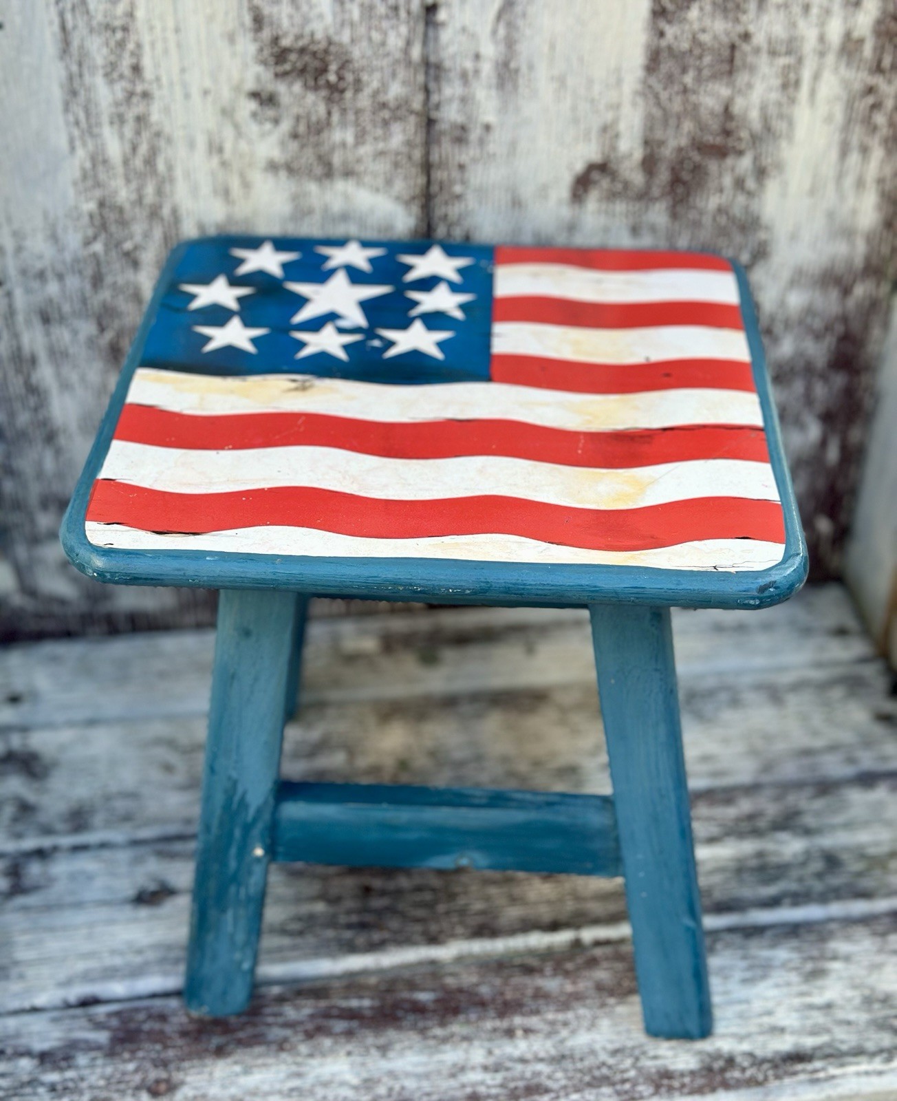 VTG Americana Theme Rustic American Flag Wood Foot/Stepping Stool Thailand