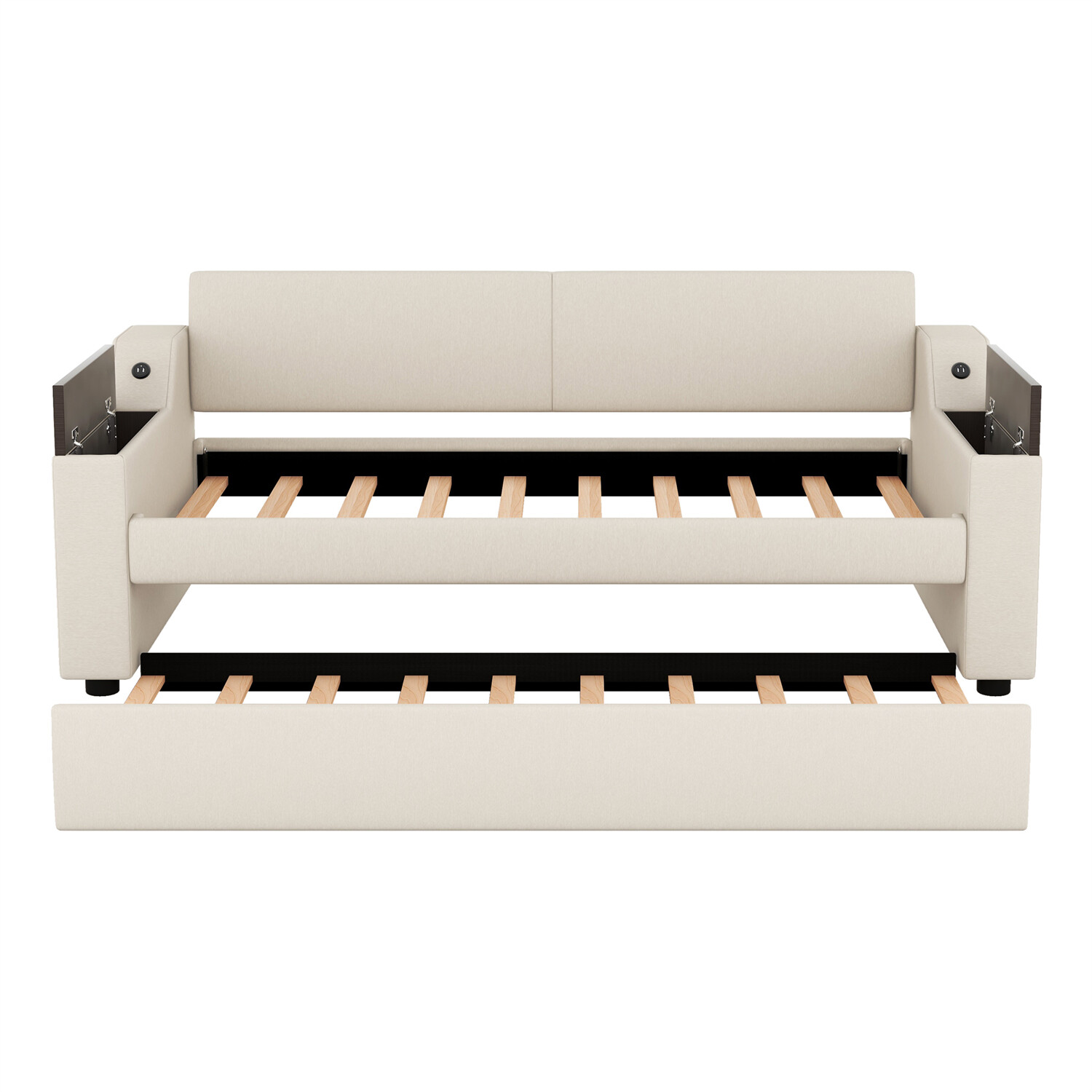 Twin Size Daybed Upholstered Bed Frame Sofa Bed with Trundle Bed Beige