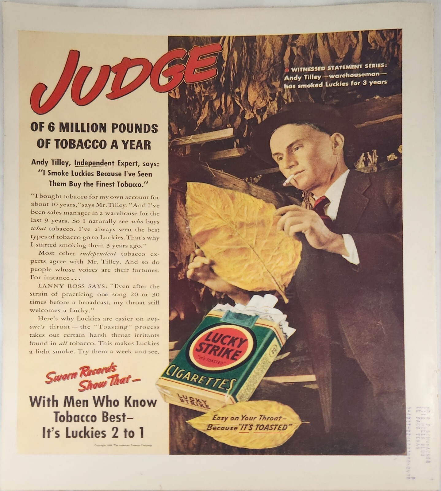 1938 Lucky Strike Cigarettes Vintage Ad Judge witnessed statement series
