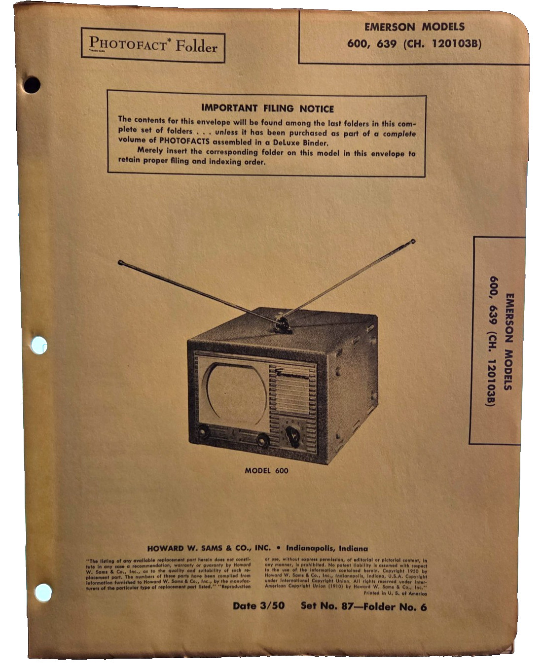 SAMS TELEVISION SERVICE MANUAL 87-6 EMERSON 600 639 120103B
