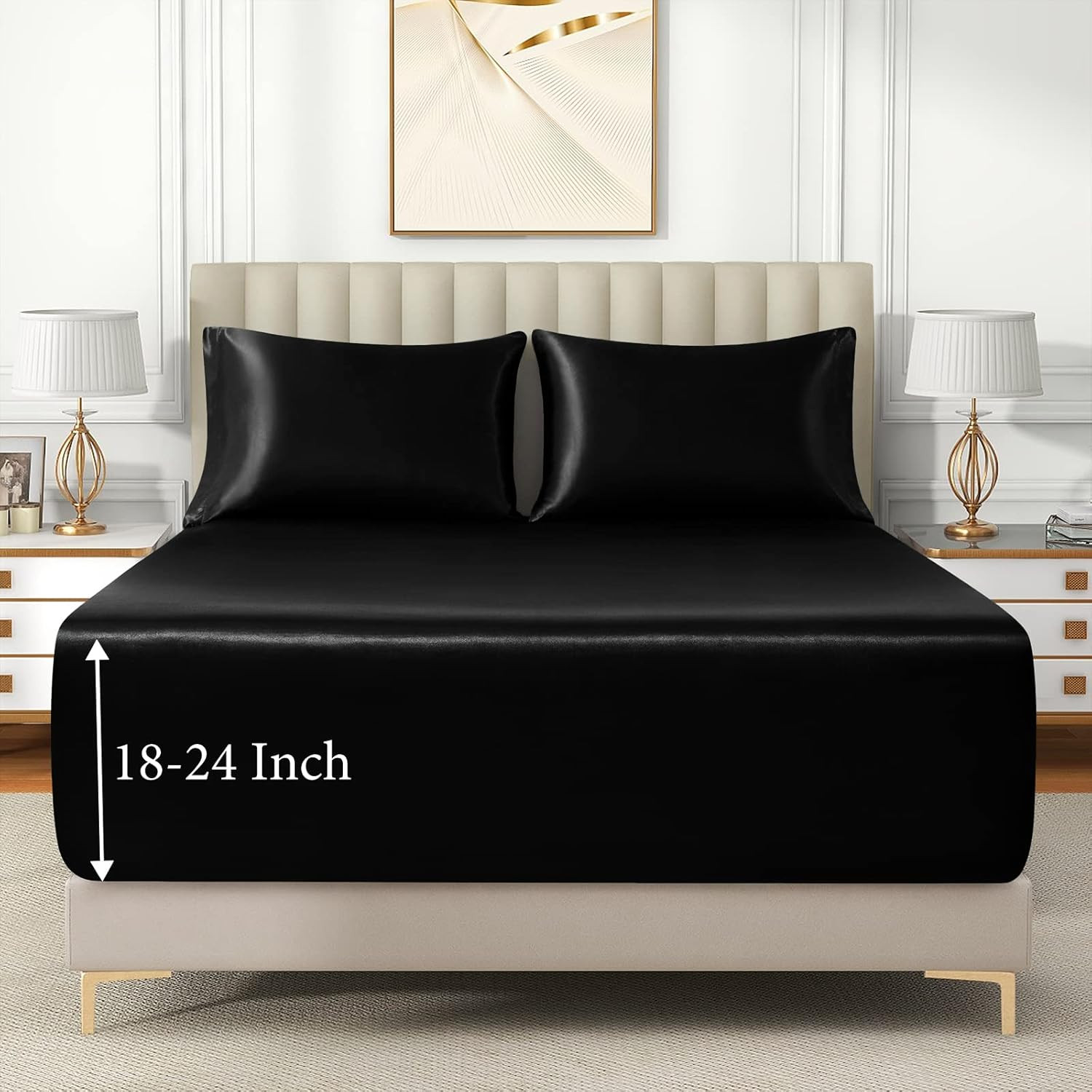 3Pcs Extra Deep Pocket Satin Fitted Sheet Set Queen Bed Set, Black Bottom Sheet