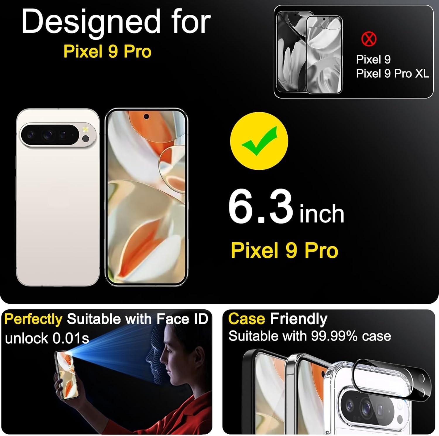 Luxury 3 Pack Screen Protector & Camera Lens Protector for Pixel 9 Pro Owners
