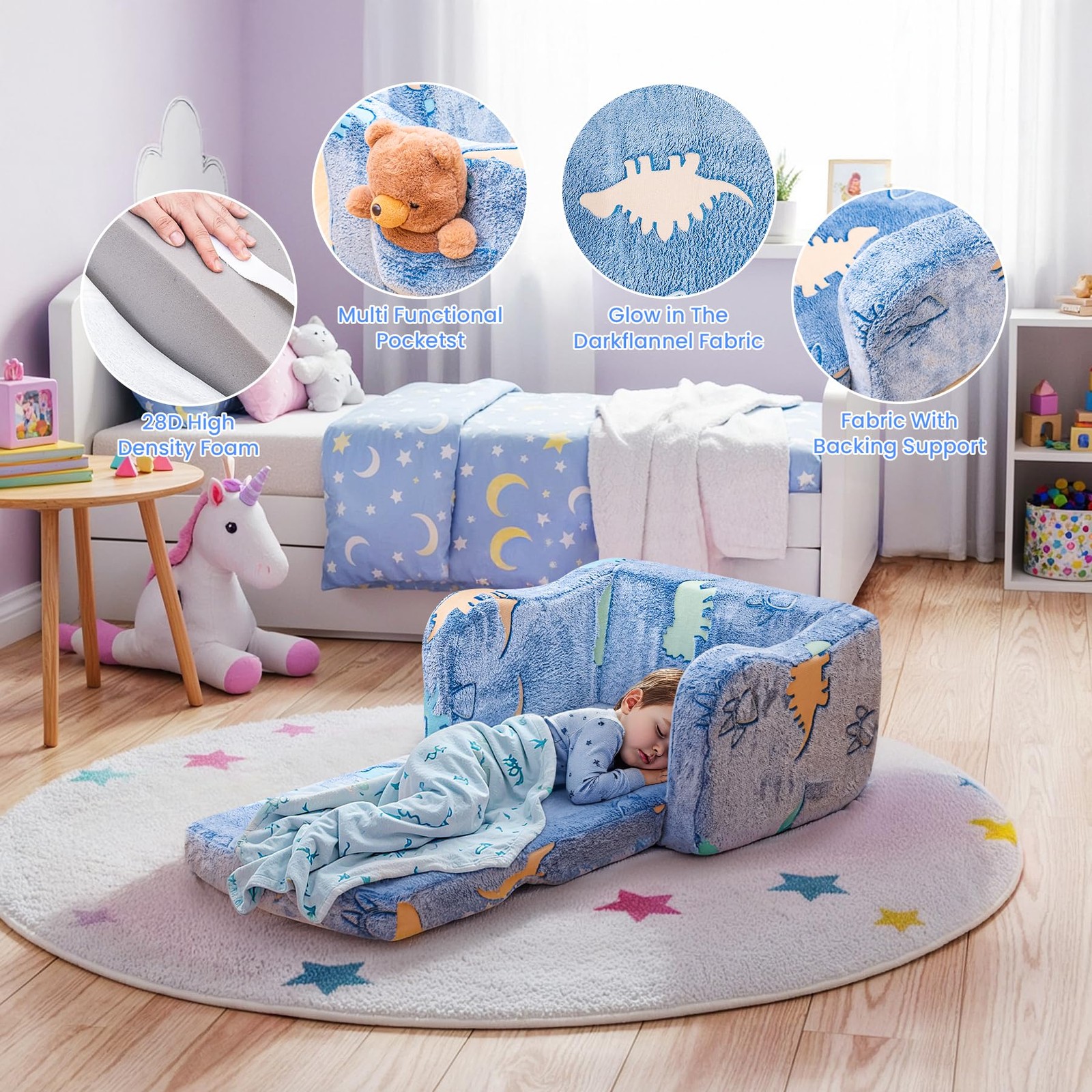 2-in-1 Toddler Couch,Glow in The Dark Baby Floor Bed,Foldable Toddler Chair K...
