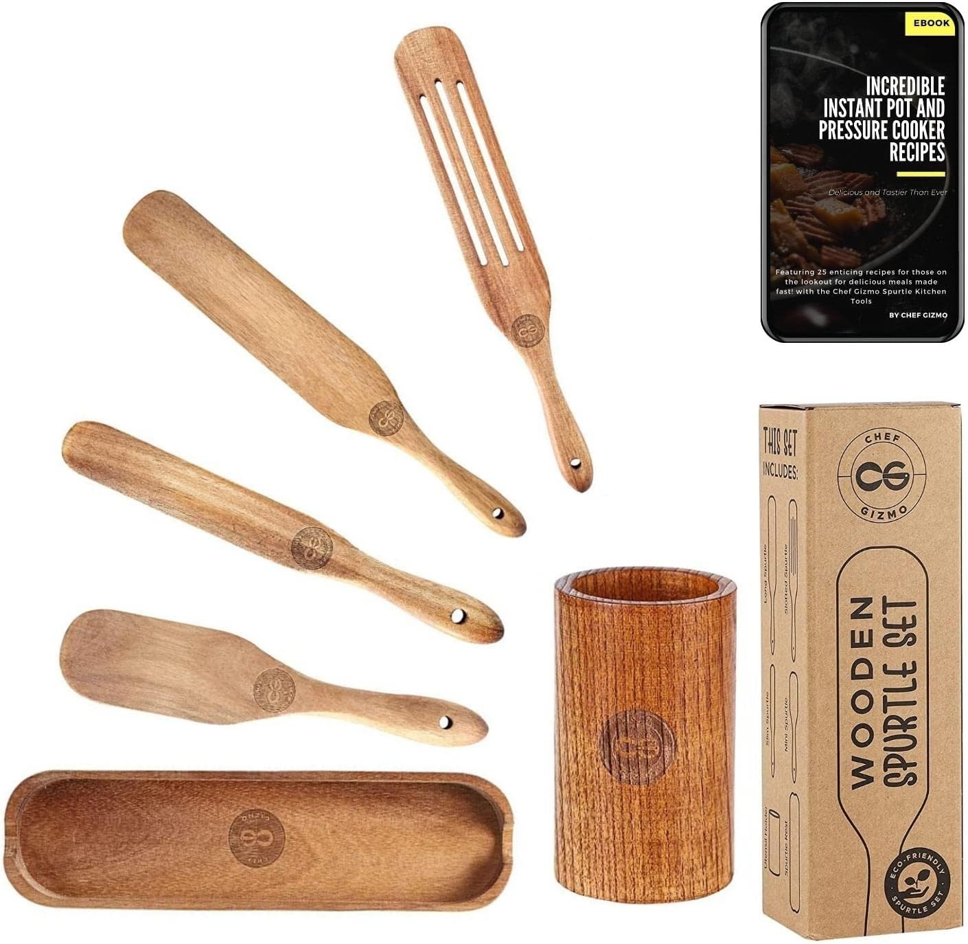 Chefgizmo Wooden Spurtle Set 6pc – Nonstick Safe Kitchen Utensils w/ Holder