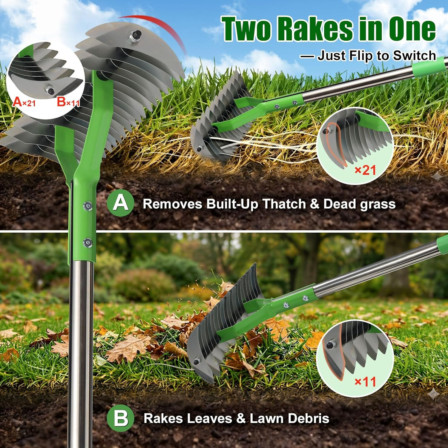 Manual Thatch Rake - 2-in-1 Dethatcher & Scarifier with Adjustable Handle